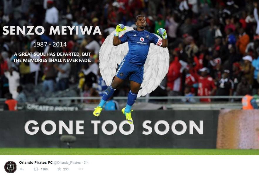Il club di Meyiwa, gli Orlando Pirates, hanno commemorato cos il loro portiere tragicamente scomparso: un fotomontaggio di Meyiwa con le ali da angelo e la scritta: 